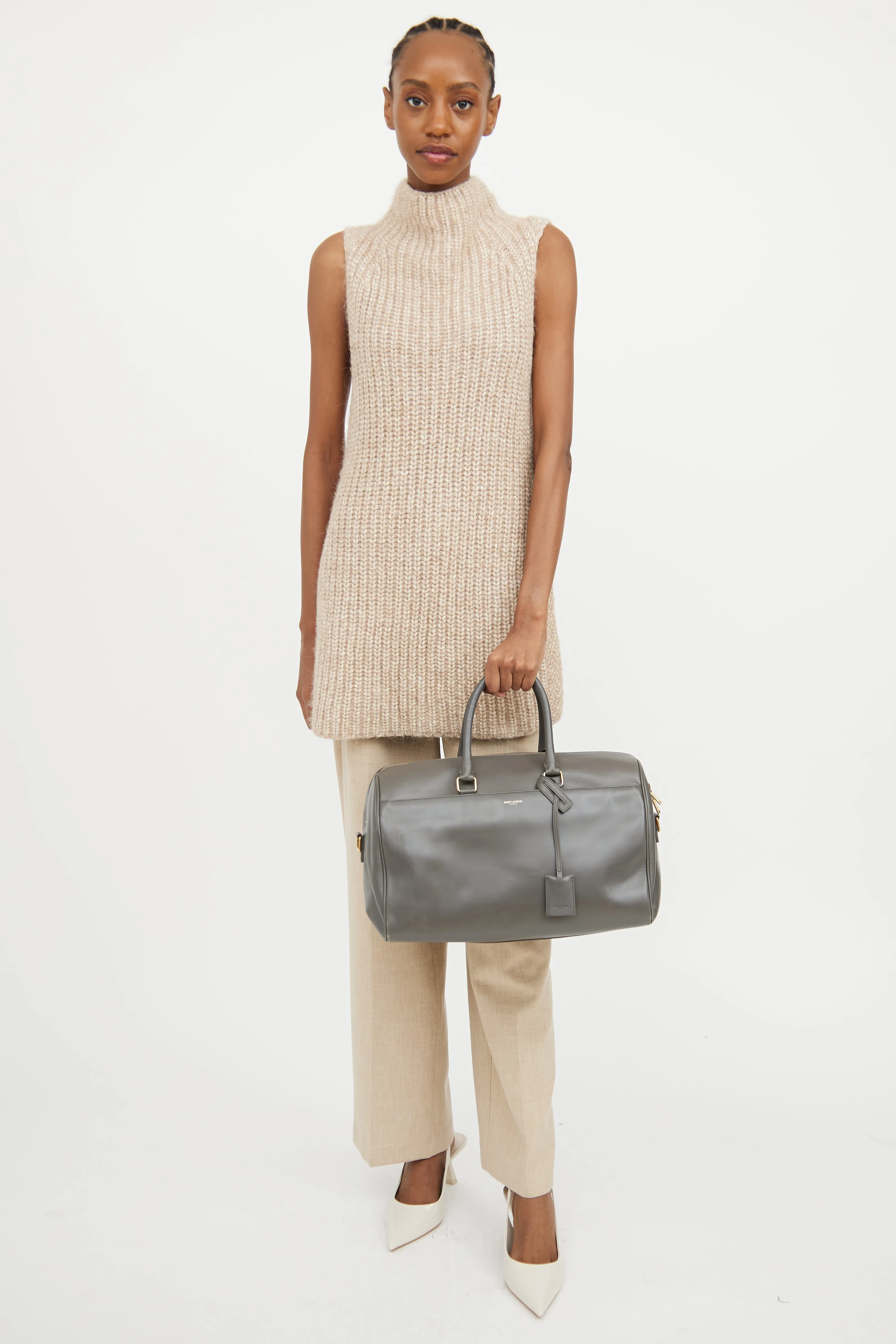 Grey Leather Classic Duffle Bag