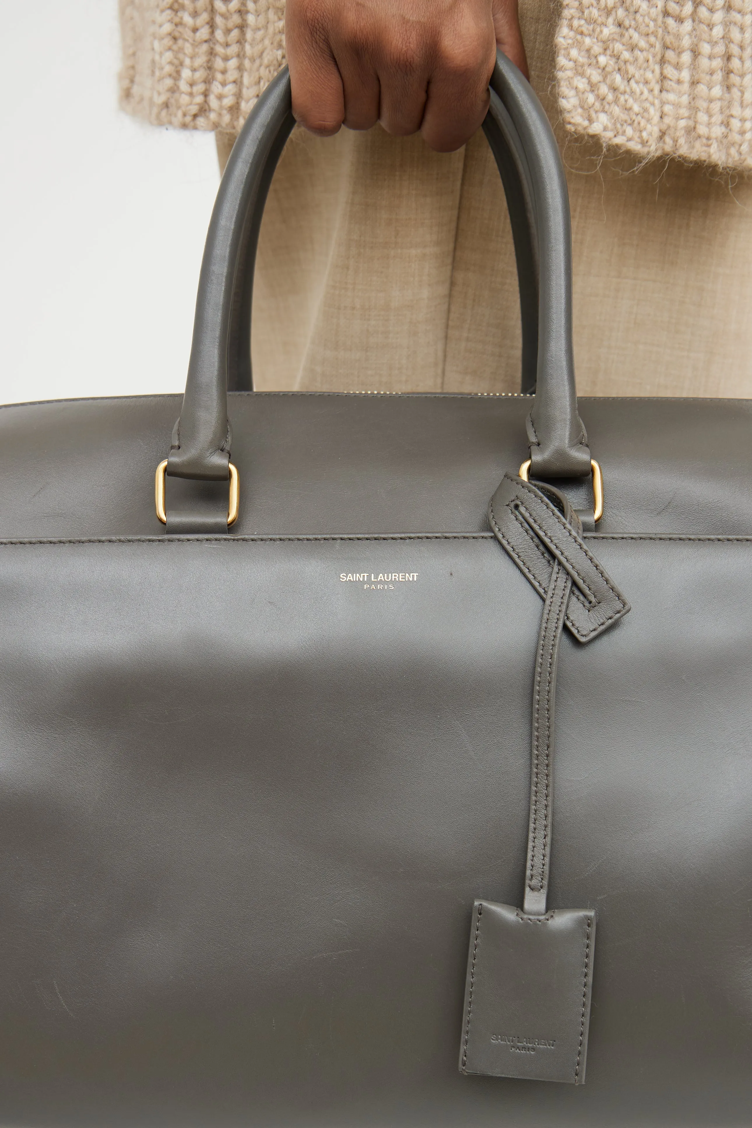 Grey Leather Classic Duffle Bag