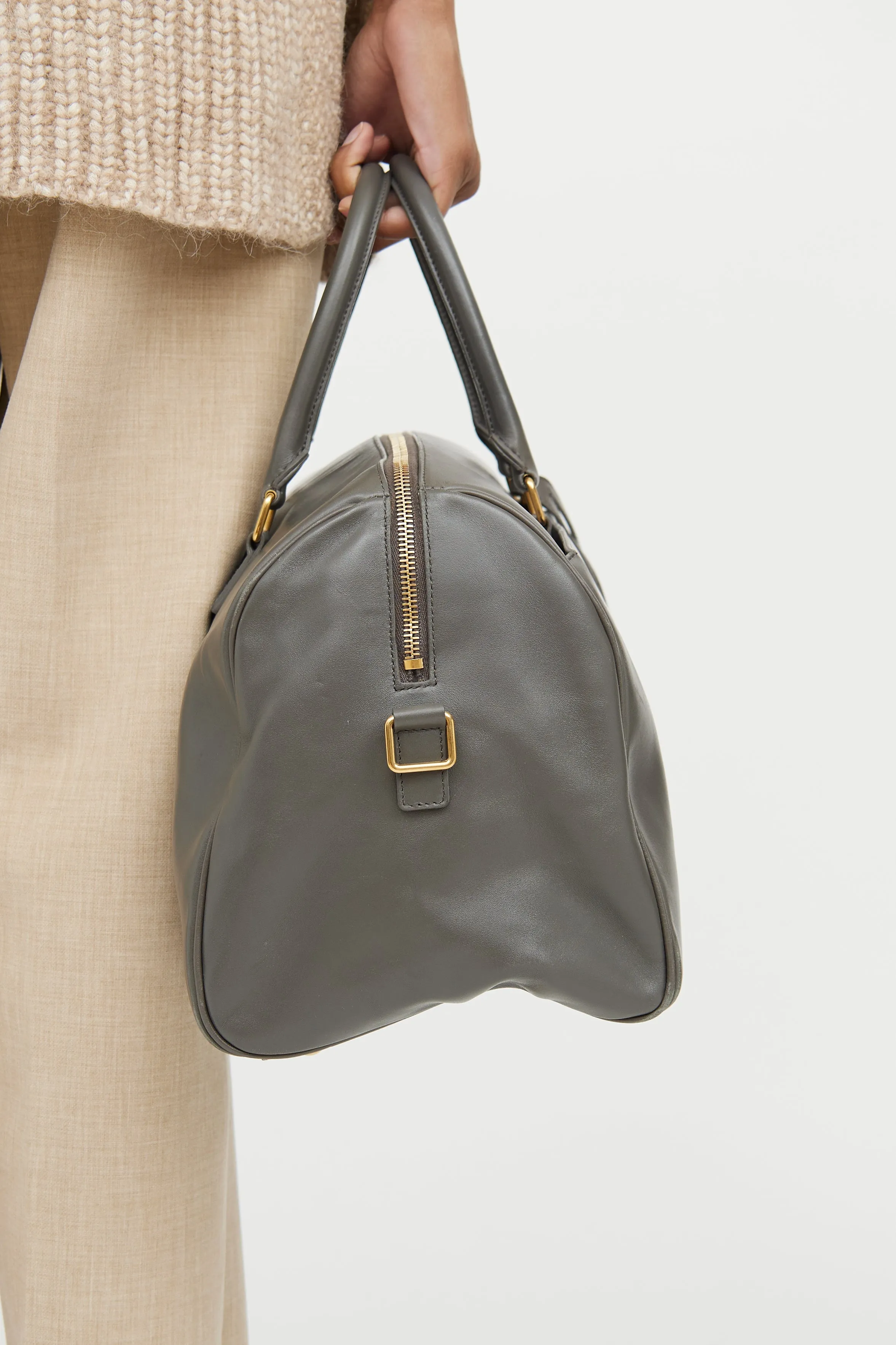 Grey Leather Classic Duffle Bag