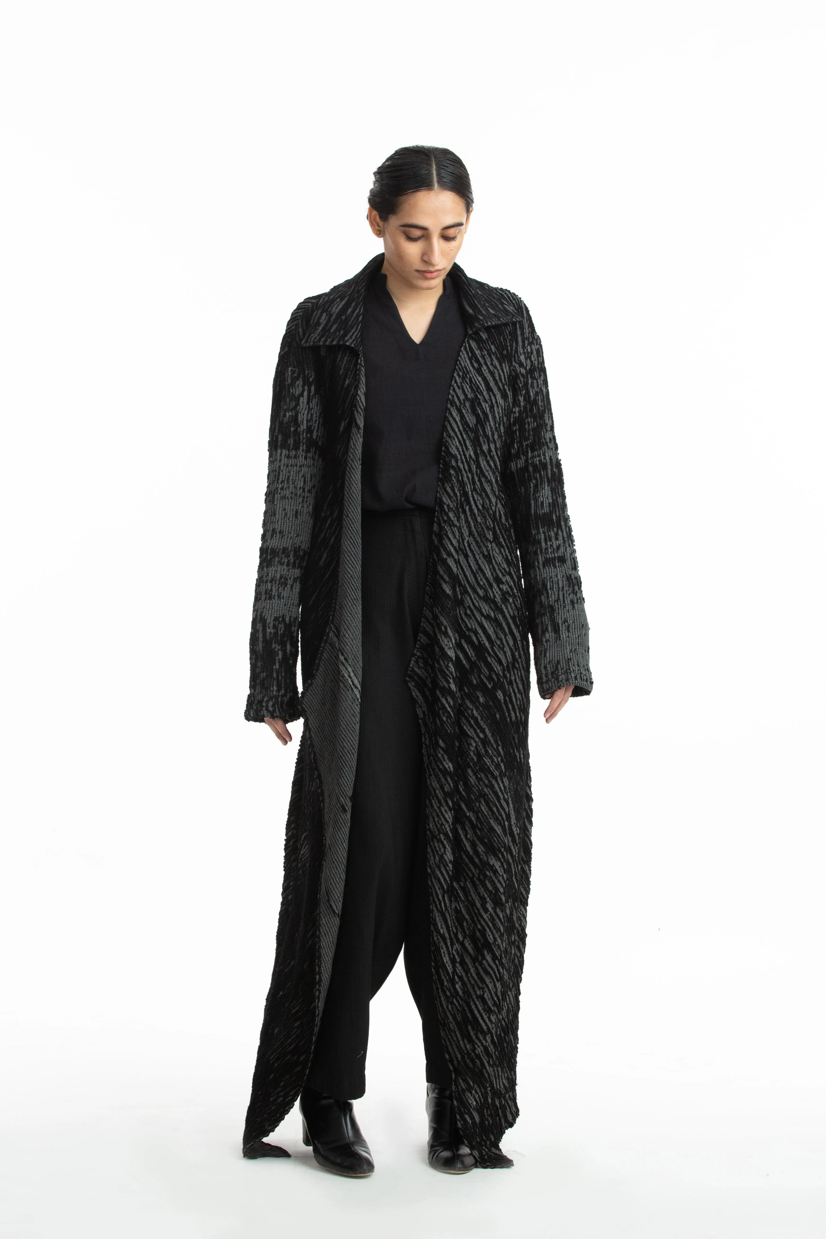 Handwoven Black Grey Merino Wool Long Coat