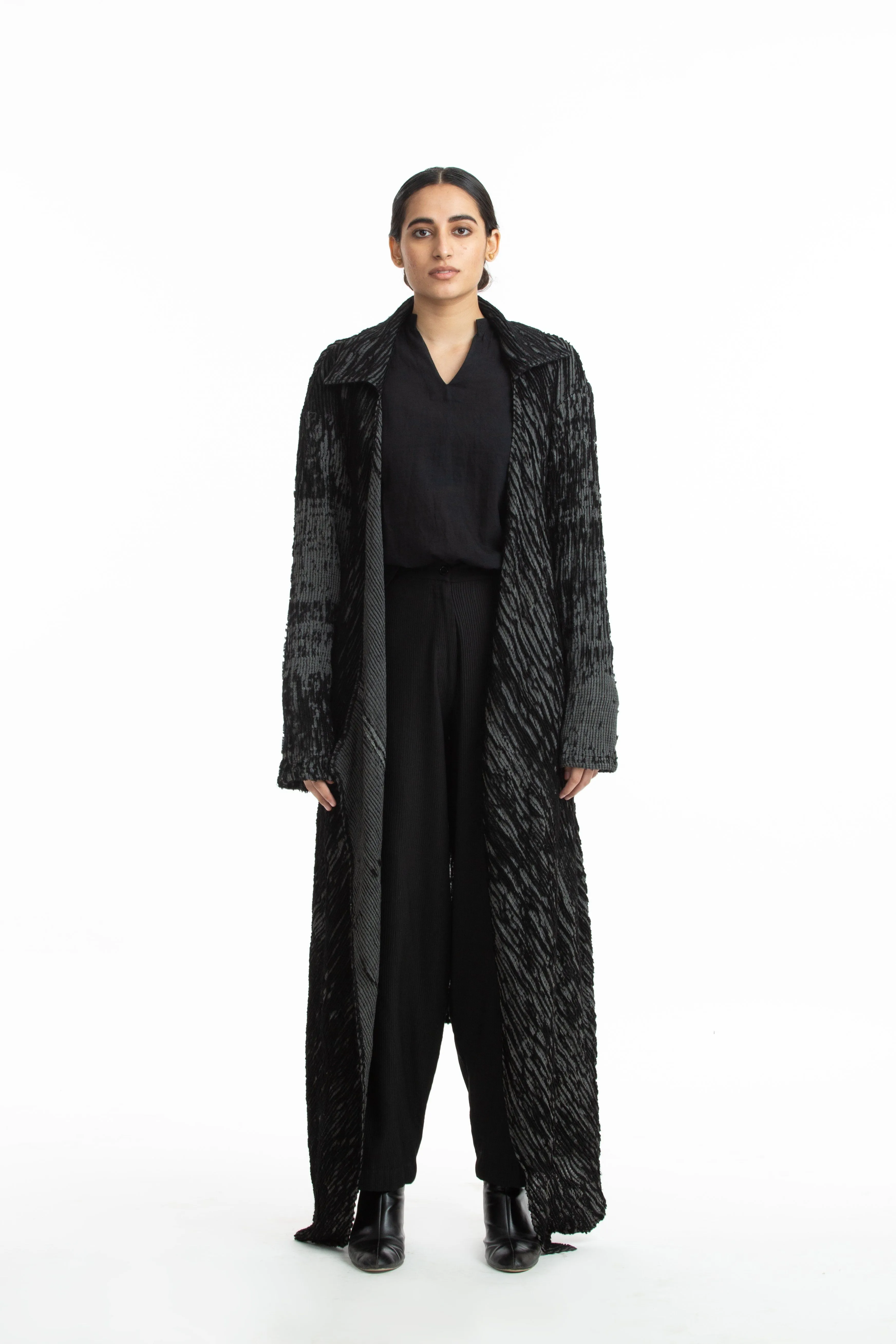Handwoven Black Grey Merino Wool Long Coat