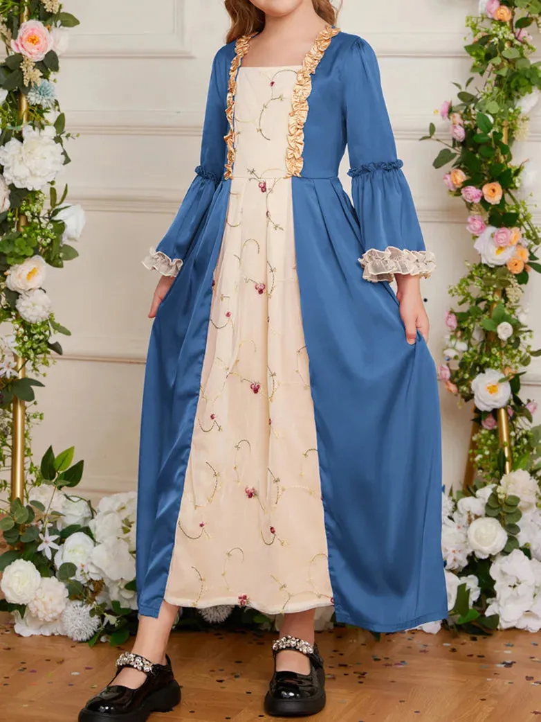 Kids Contrast Color Dress Bell Sleeve Maxi Dress