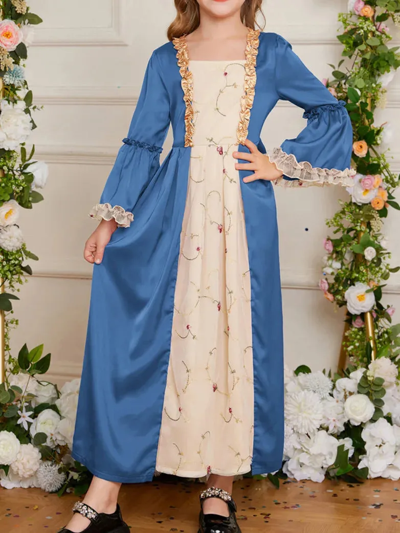 Kids Contrast Color Dress Bell Sleeve Maxi Dress