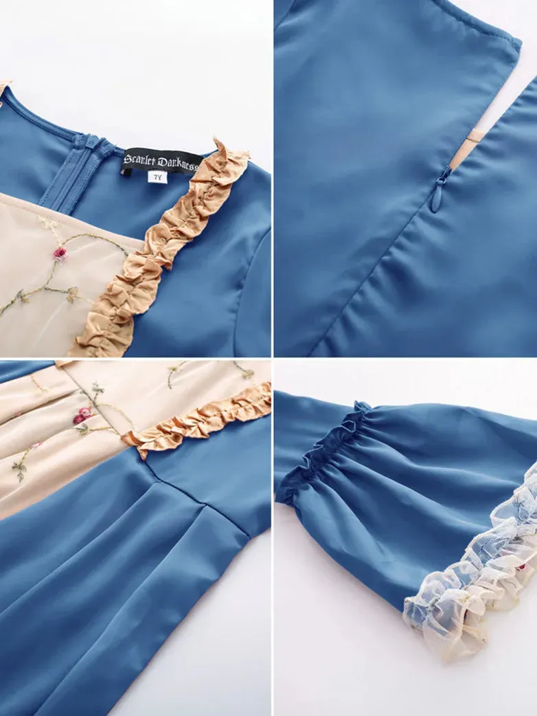 Kids Contrast Color Dress Bell Sleeve Maxi Dress