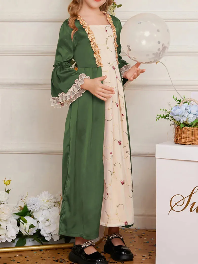 Kids Contrast Color Dress Bell Sleeve Maxi Dress