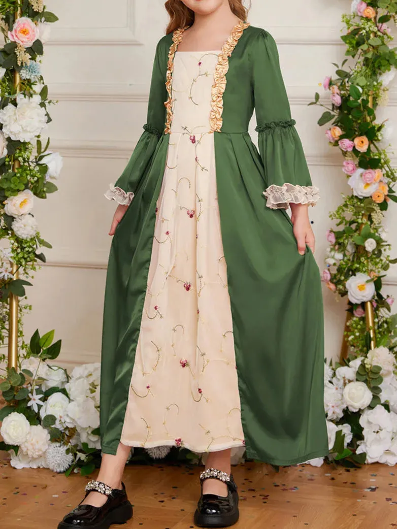 Kids Contrast Color Dress Bell Sleeve Maxi Dress