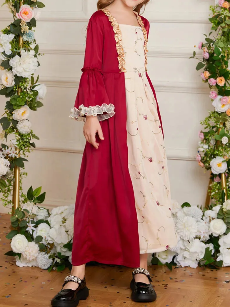Kids Contrast Color Dress Bell Sleeve Maxi Dress