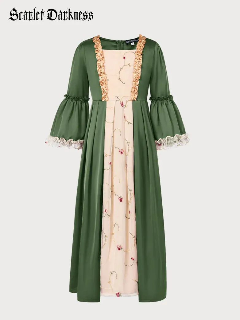 Kids Contrast Color Dress Bell Sleeve Maxi Dress