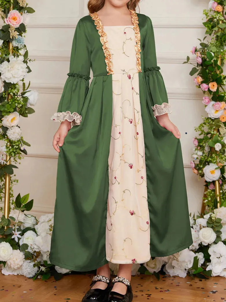 Kids Contrast Color Dress Bell Sleeve Maxi Dress
