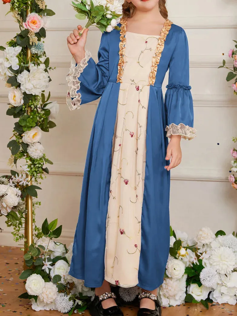 Kids Contrast Color Dress Bell Sleeve Maxi Dress