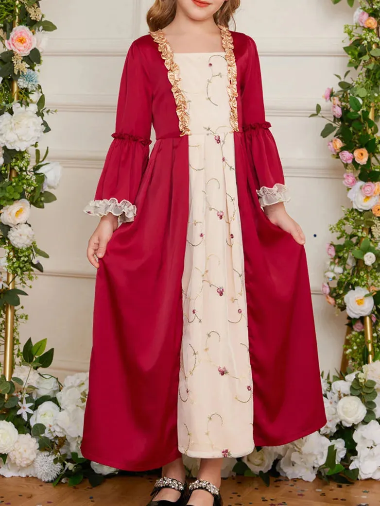 Kids Contrast Color Dress Bell Sleeve Maxi Dress