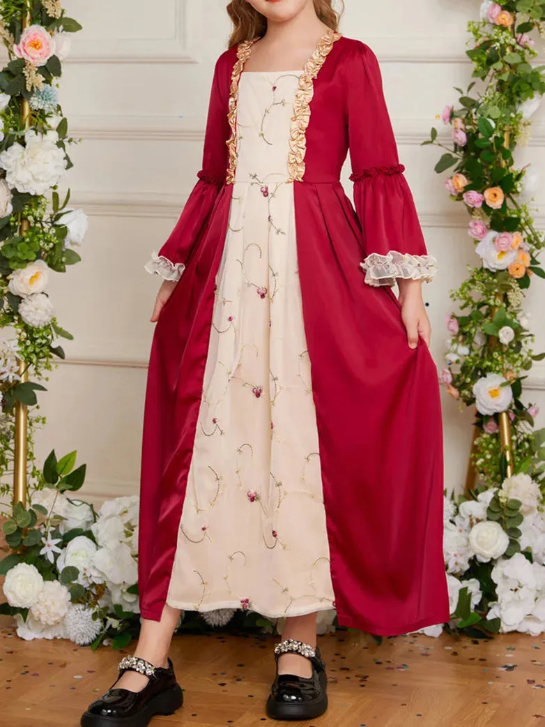 Kids Contrast Color Dress Bell Sleeve Maxi Dress