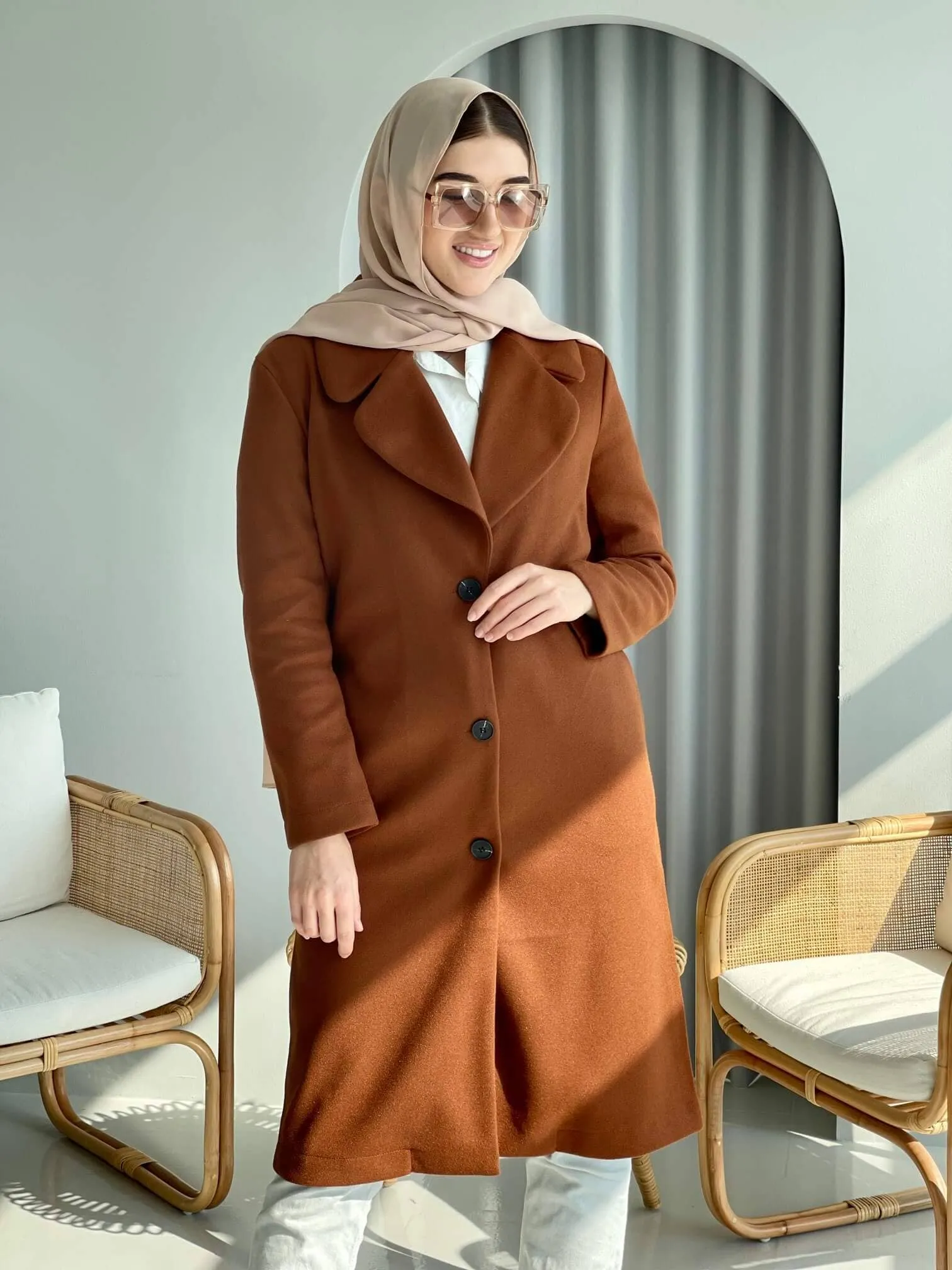 Lapel Winter Coat In Coffee Brown