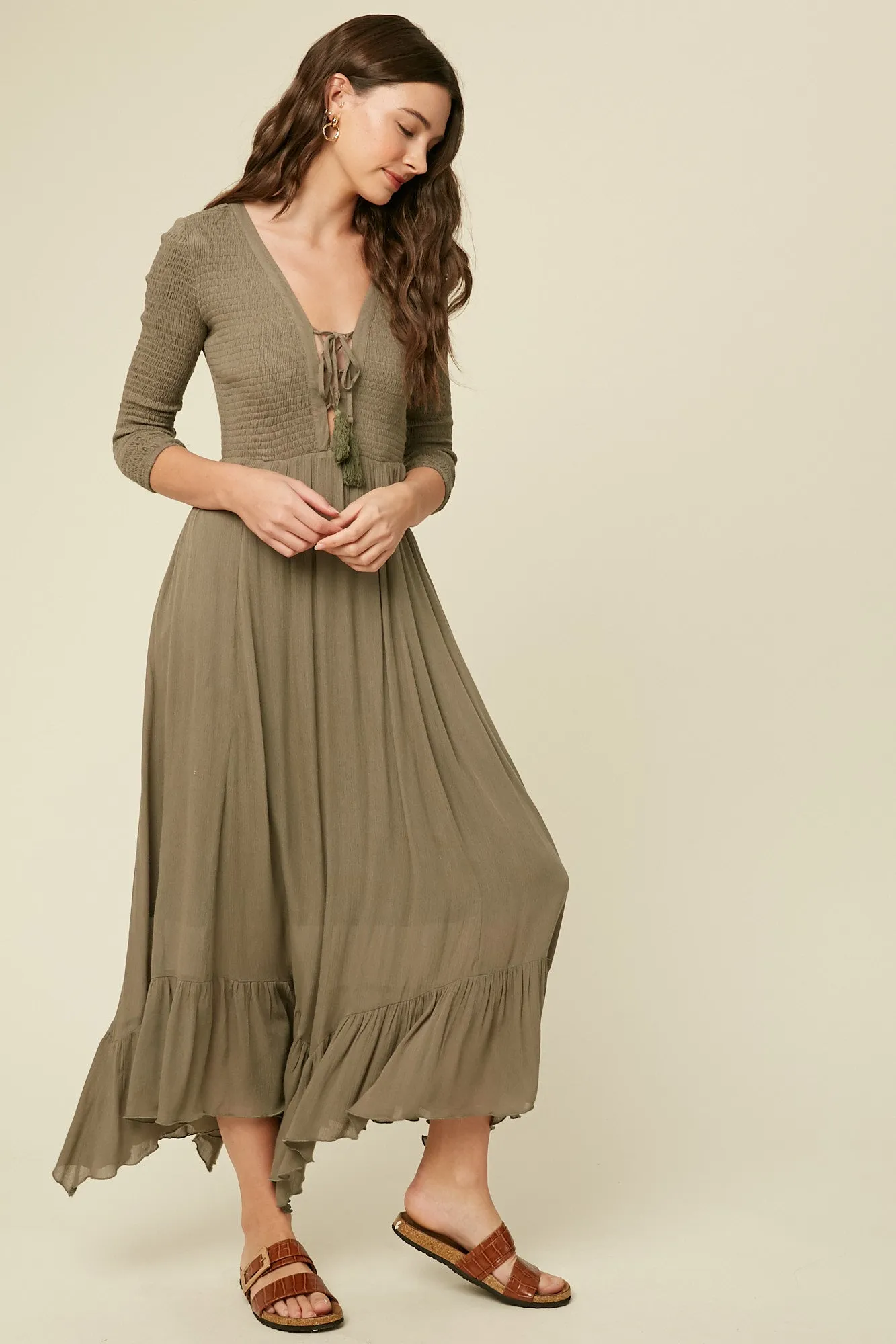 Olive Asymmetric Plunge Dress