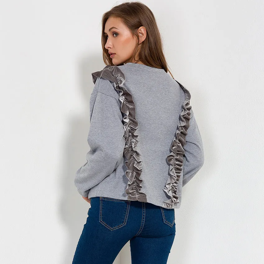 Plus Size Ruffle Long Sleeve Patchwork Sweatshirt