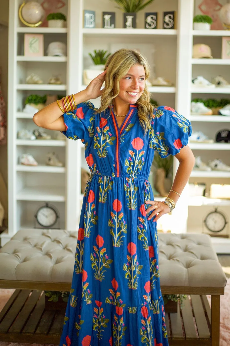 Puff Sleeve Flower Print Maxi Dress