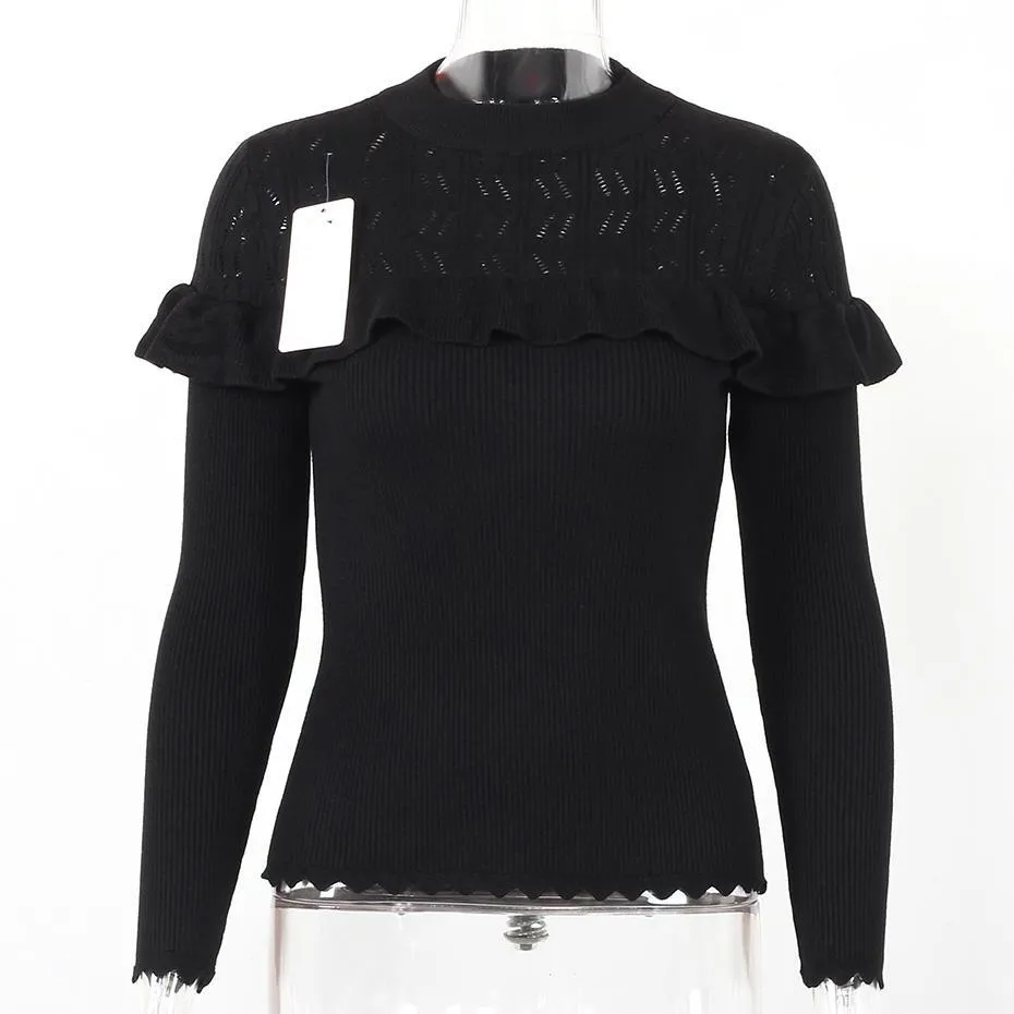 Ruffle Slim Knitted Hollow Out Long Sleeve