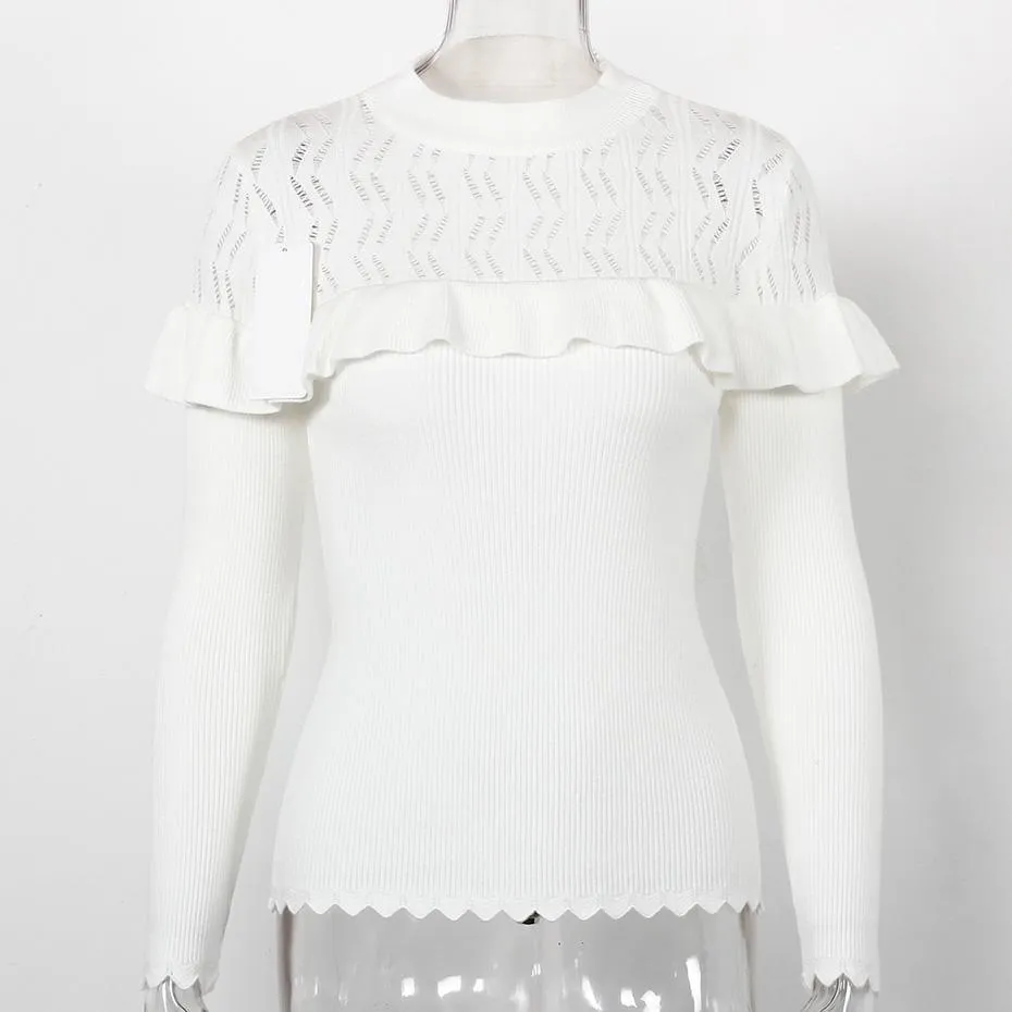 Ruffle Slim Knitted Hollow Out Long Sleeve