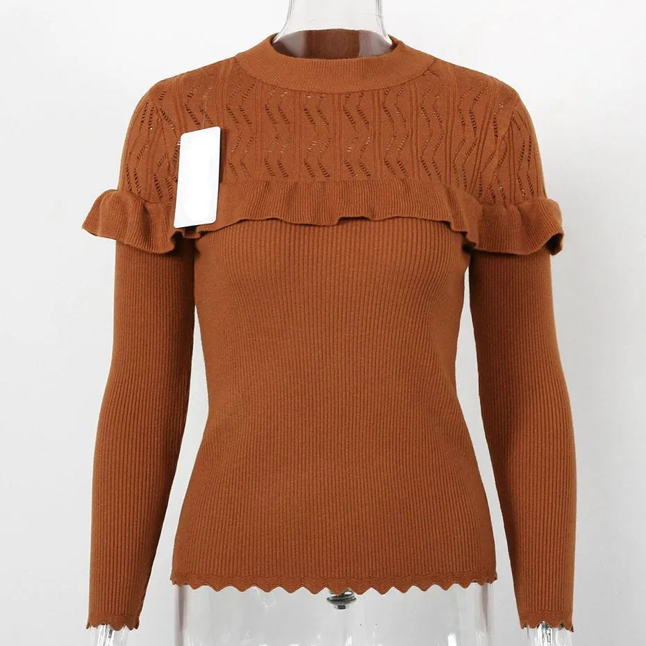 Ruffle Slim Knitted Hollow Out Long Sleeve