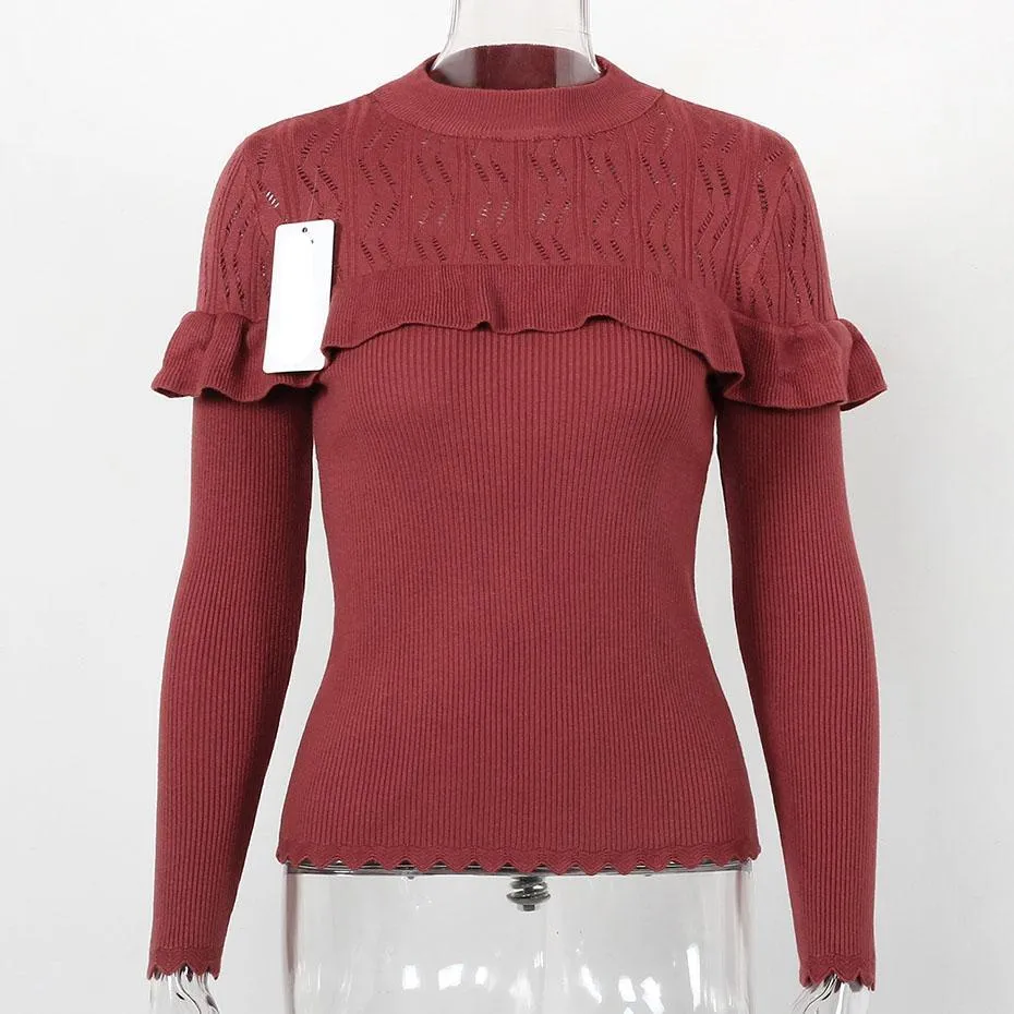 Ruffle Slim Knitted Hollow Out Long Sleeve