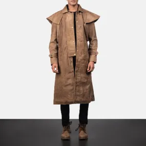 Sheepskin Brown Leather Trench Duster Coat For Men