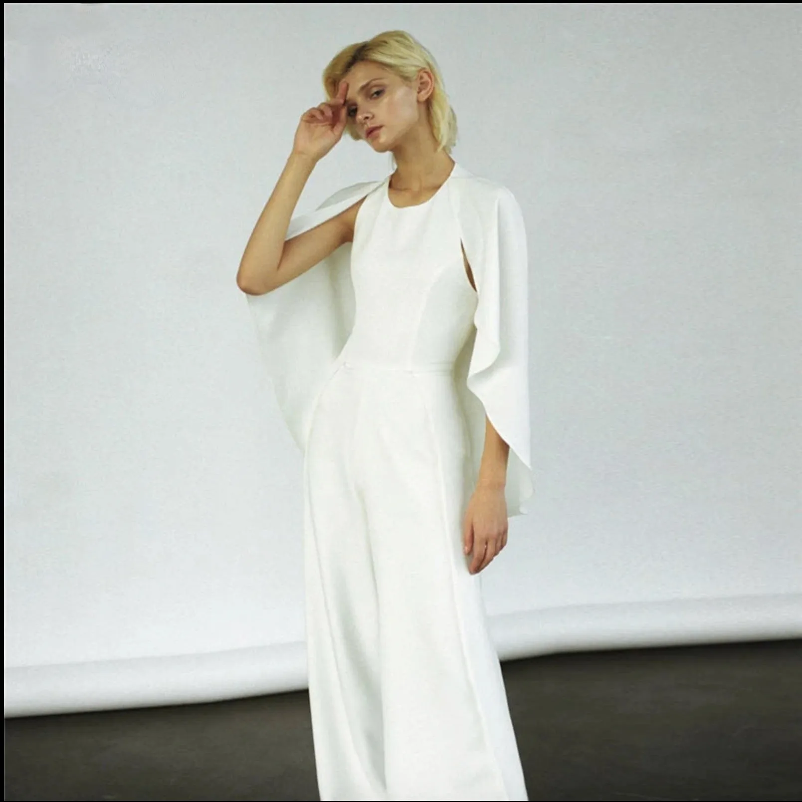 Simple Bridal Wedding Jumpsuit with Cape Reception Pantsuit