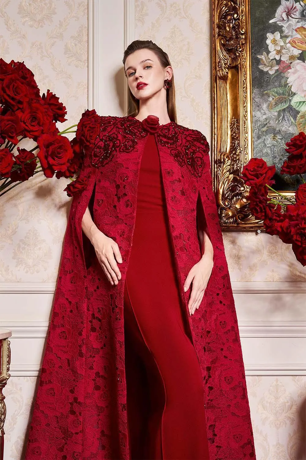 Vada Sheath Cape Sleeved Lace Floor Length Dress