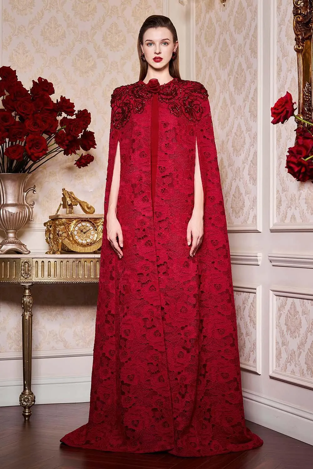 Vada Sheath Cape Sleeved Lace Floor Length Dress