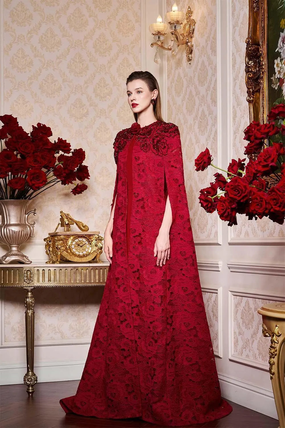 Vada Sheath Cape Sleeved Lace Floor Length Dress