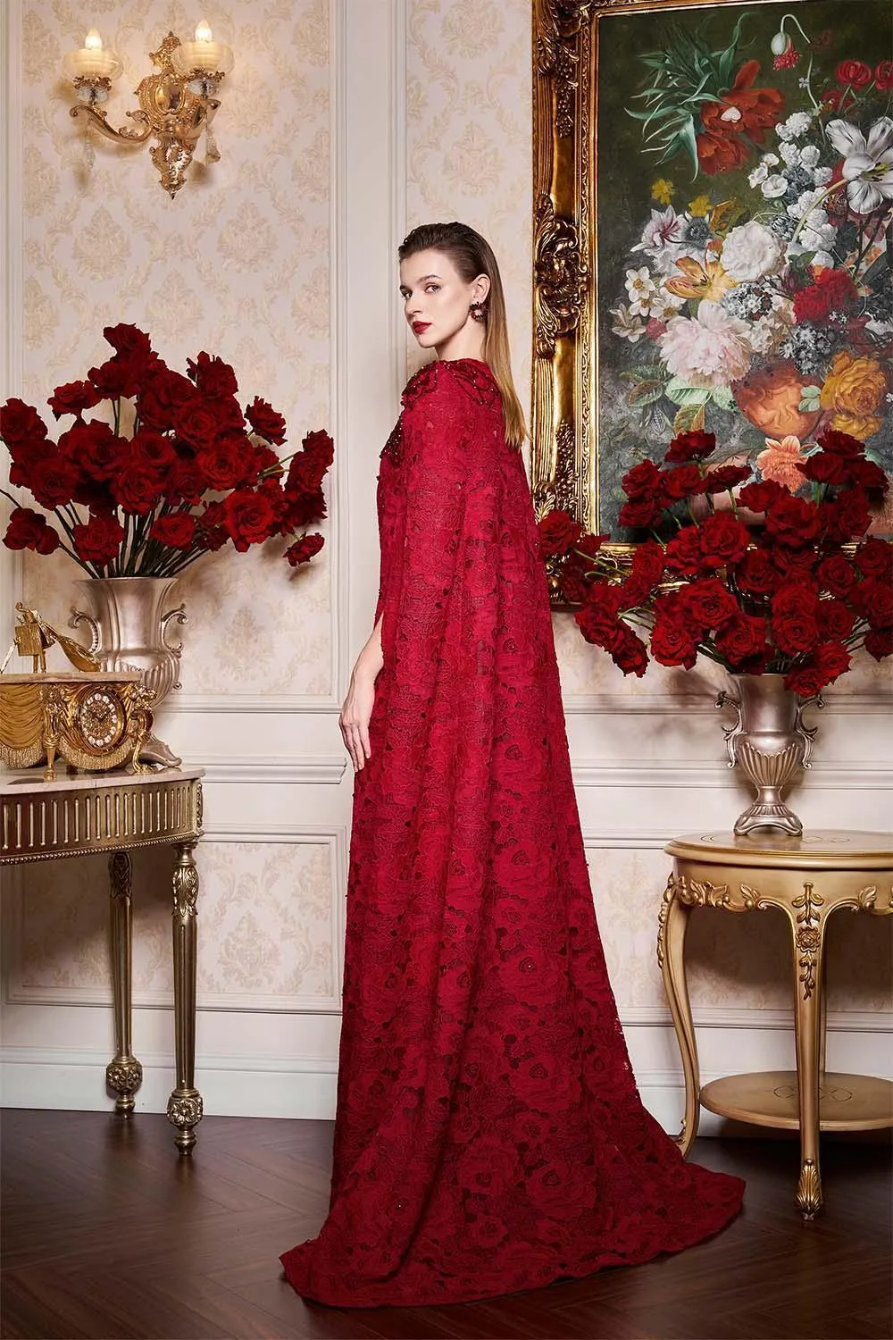 Vada Sheath Cape Sleeved Lace Floor Length Dress