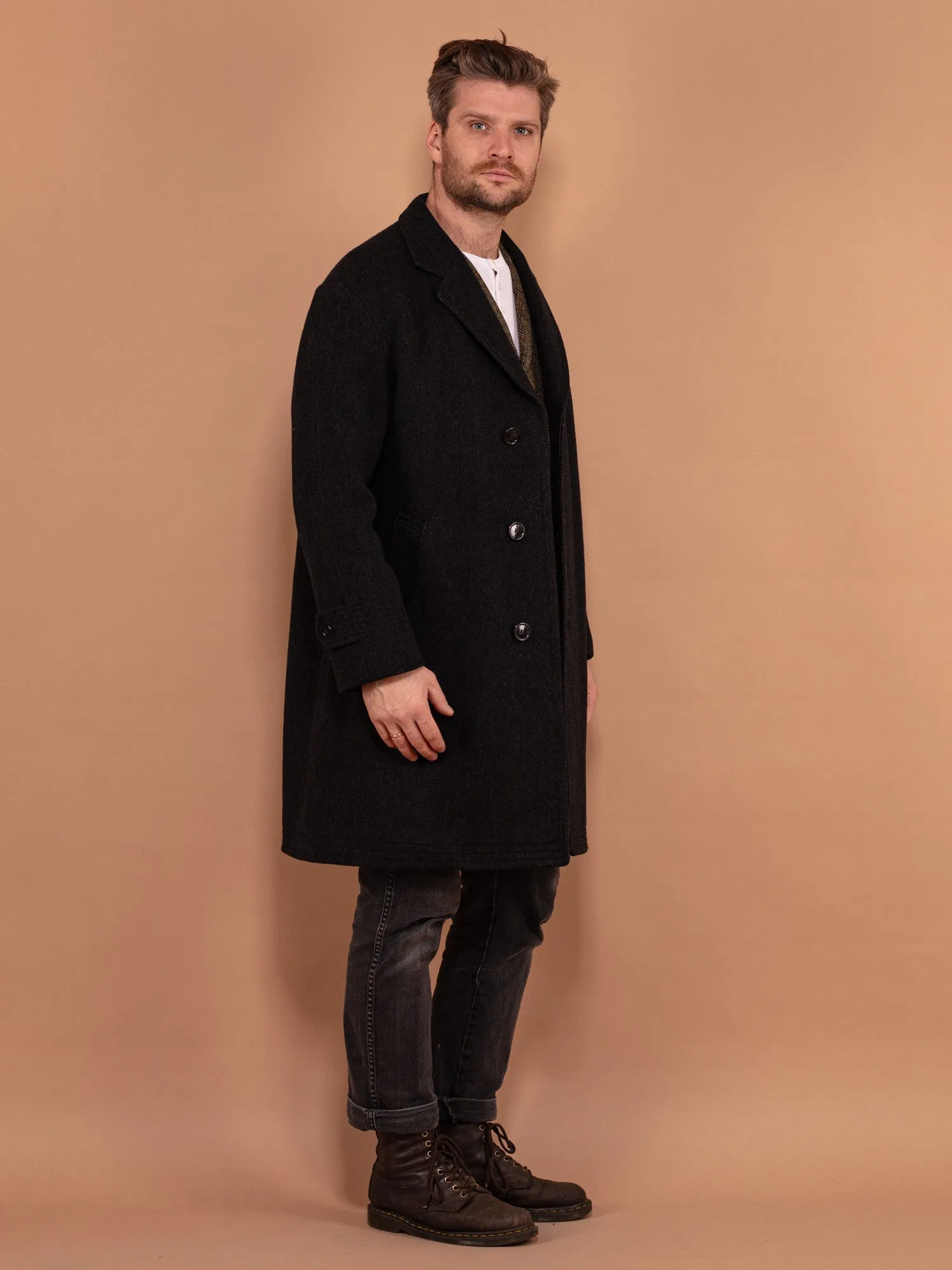 Vintage 60's Men Heavy Wool Coat in Black