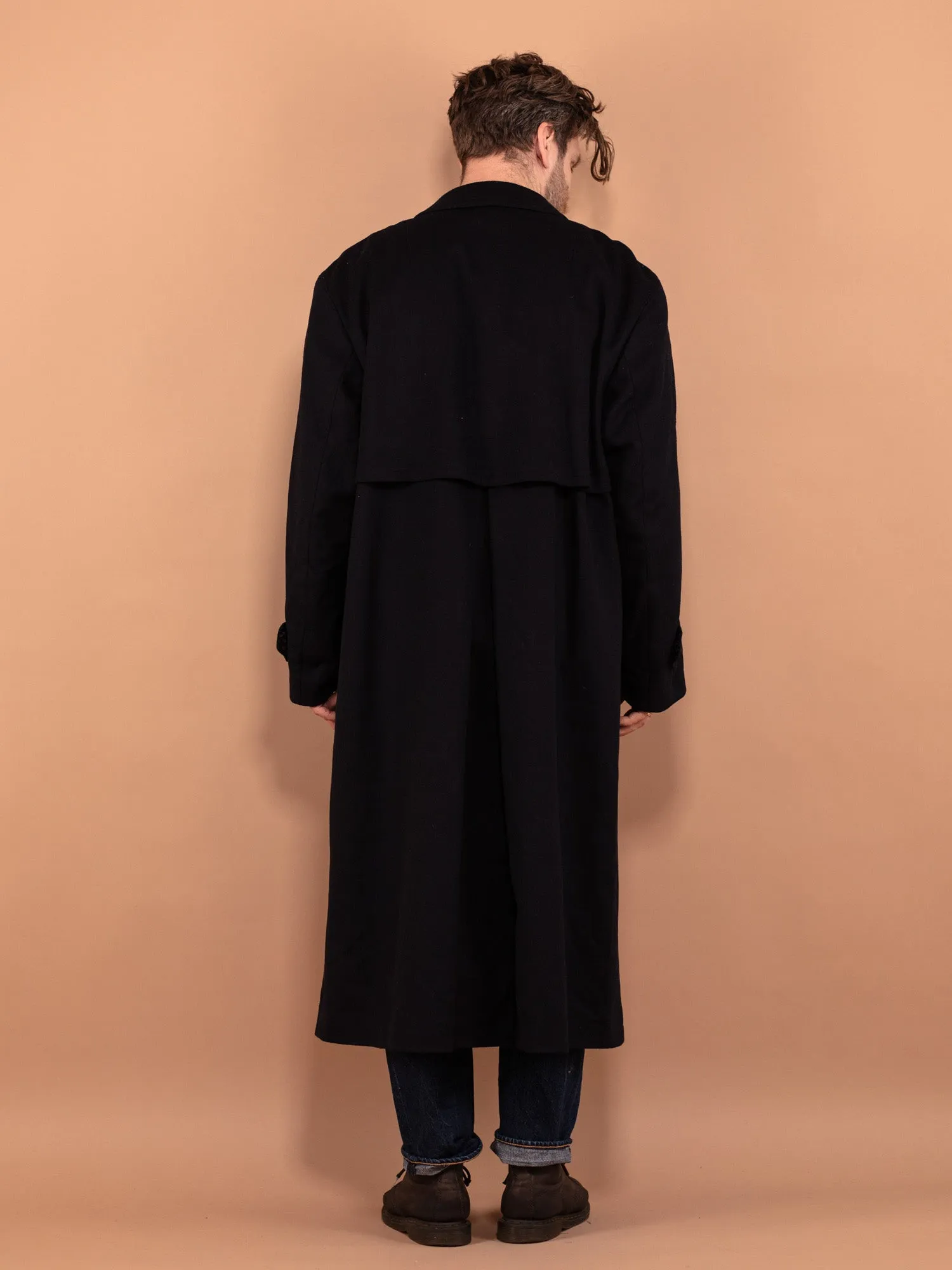 Vintage 80's Men Loden Wool Blend Coat in Navy Blue