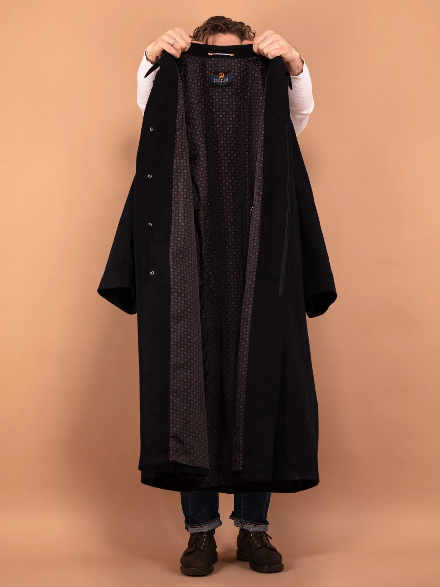 Vintage 80's Men Loden Wool Blend Coat in Navy Blue