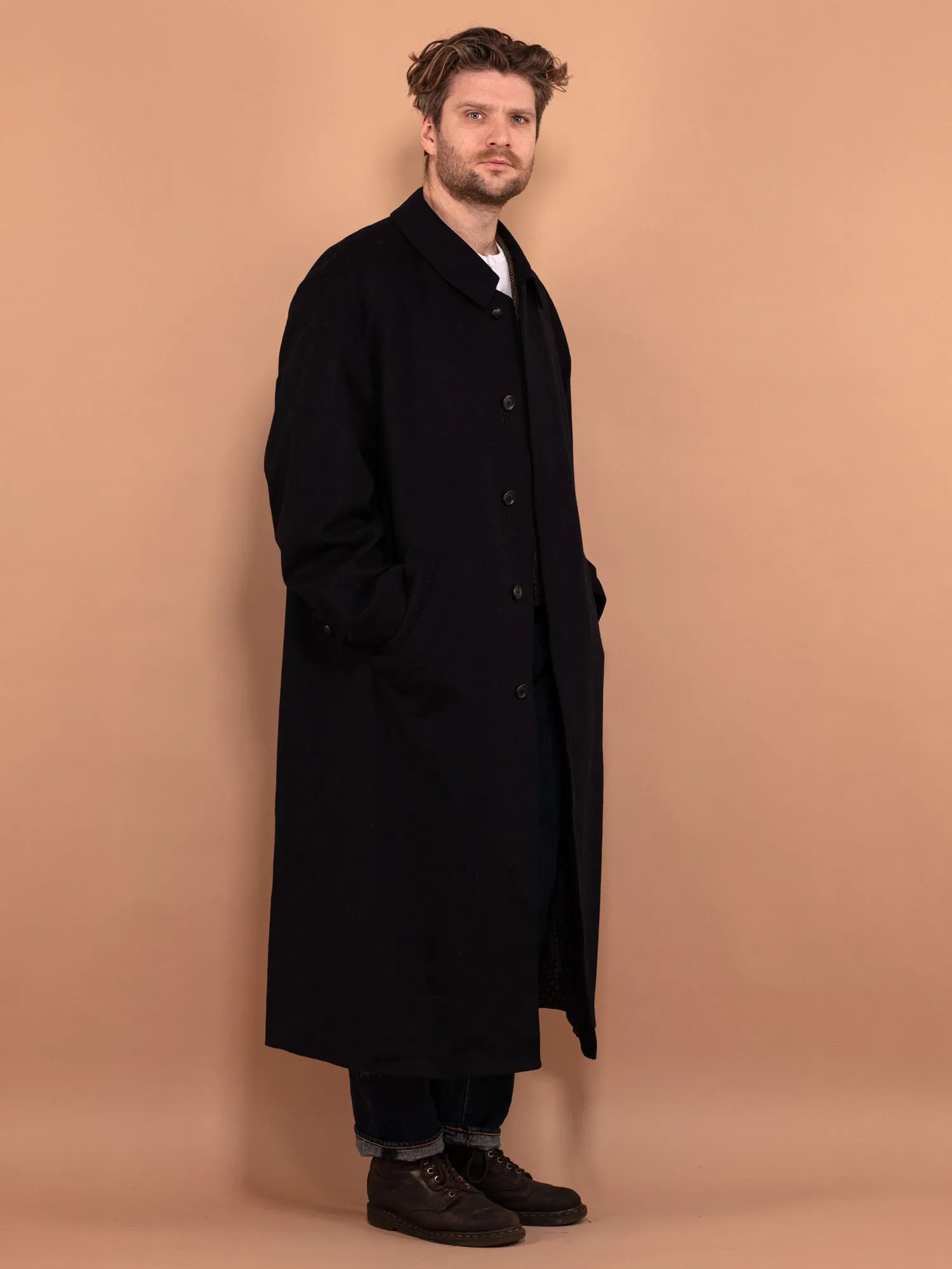 Vintage 80's Men Loden Wool Blend Coat in Navy Blue