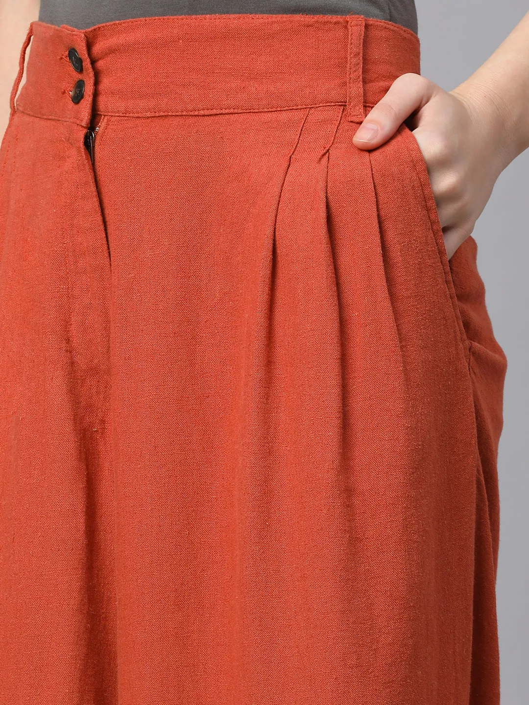 Women's Rust Linen Viscose Regular Fit Culotte