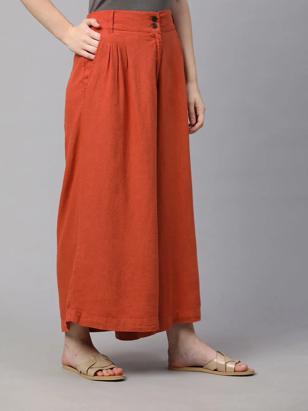 Women's Rust Linen Viscose Regular Fit Culotte