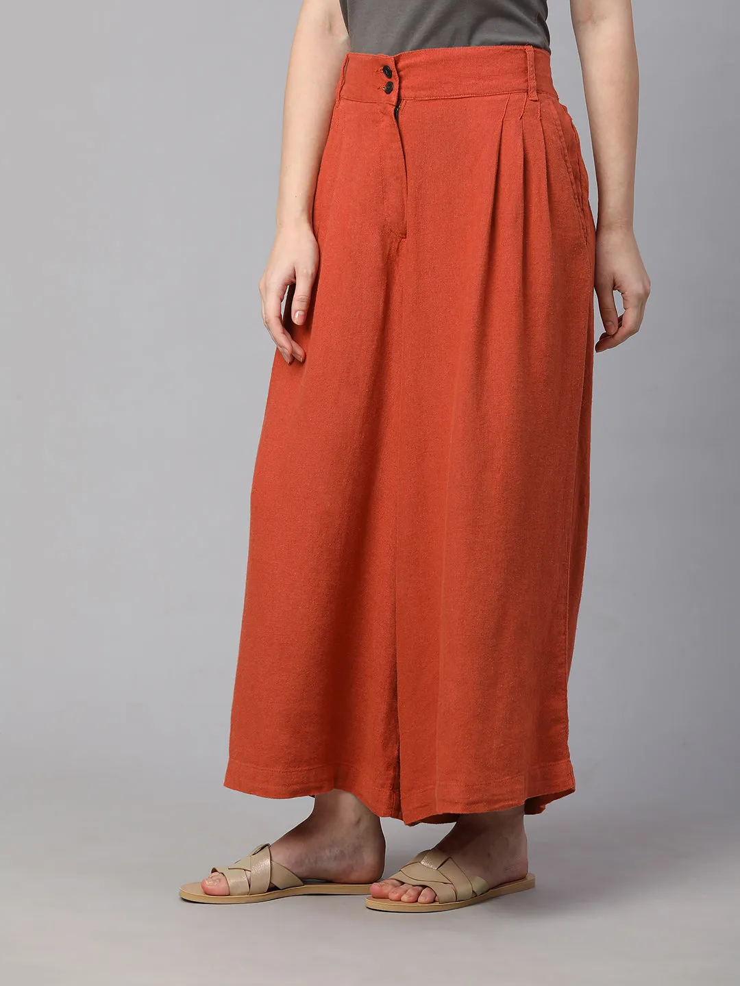 Women's Rust Linen Viscose Regular Fit Culotte